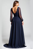 Navy A Line V-Neck Long Mother of the Bride Dress with Appliques