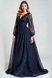 Navy A Line V-Neck Long Mother of the Bride Dress with Appliques