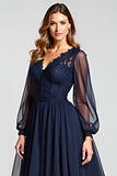 Navy A Line V-Neck Long Mother of the Bride Dress with Appliques