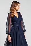 Navy A Line V-Neck Long Mother of the Bride Dress with Appliques