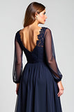 Navy A Line V-Neck Long Mother of the Bride Dress with Appliques