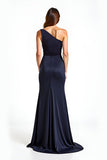 Simple Navy One Shoulder Sheath Long Formal Dress