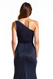 Simple Navy One Shoulder Sheath Long Formal Dress
