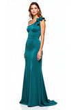 One Shoulder Sheath Peacock Long Formal Dress with Bow