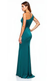 One Shoulder Sheath Peacock Long Formal Dress with Bow