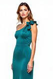 One Shoulder Sheath Peacock Long Formal Dress with Bow