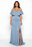 Sheath Dusty Blue Off the Shoulder Ruffled Long Bridesmaid Dress with Slit