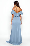 Sheath Dusty Blue Off the Shoulder Ruffled Long Bridesmaid Dress with Slit