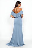 Sheath Dusty Blue Off the Shoulder Ruffled Long Bridesmaid Dress with Slit
