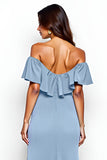 Sheath Dusty Blue Off the Shoulder Ruffled Long Bridesmaid Dress with Slit