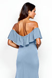 Sheath Dusty Blue Off the Shoulder Ruffled Long Bridesmaid Dress with Slit