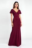 Burgundy V-Neck Short Sleeves Sheath Maxi Formal Dress