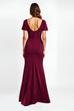 Burgundy V-Neck Short Sleeves Sheath Maxi Formal Dress