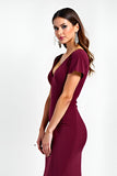 Burgundy V-Neck Short Sleeves Sheath Maxi Formal Dress