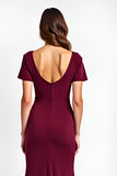 Burgundy V-Neck Short Sleeves Sheath Maxi Formal Dress