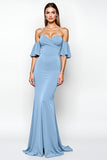 Dusty Blue Strapless Ruffled Sheath Long Formal Dress