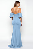 Dusty Blue Strapless Ruffled Sheath Long Formal Dress