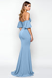 Dusty Blue Strapless Ruffled Sheath Long Formal Dress