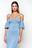 Dusty Blue Strapless Ruffled Sheath Long Formal Dress