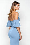 Dusty Blue Strapless Ruffled Sheath Long Formal Dress