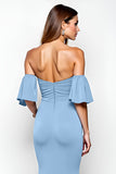 Dusty Blue Strapless Ruffled Sheath Long Formal Dress