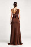 Brown Sheath One Shoulder Long Formal Dress
