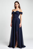 Navy A Line Off the Shoulder Chiffon Long Wedding Guest Dress