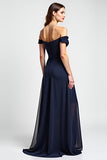 Navy A Line Off the Shoulder Chiffon Long Wedding Guest Dress