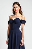 Navy A Line Off the Shoulder Chiffon Long Wedding Guest Dress