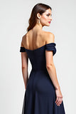 Navy A Line Off the Shoulder Chiffon Long Wedding Guest Dress
