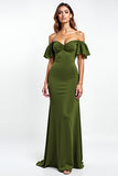 Sheath Olive Off the Shoulder Long Wedding Guest Dress with Ruffles