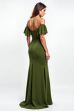Sheath Olive Off the Shoulder Long Wedding Guest Dress with Ruffles