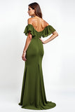 Sheath Olive Off the Shoulder Long Wedding Guest Dress with Ruffles