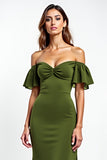Sheath Olive Off the Shoulder Long Wedding Guest Dress with Ruffles