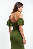 Sheath Olive Off the Shoulder Long Wedding Guest Dress with Ruffles