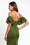 Sheath Olive Off the Shoulder Long Wedding Guest Dress with Ruffles