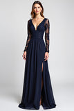 A Line Navy V-Neck Appliqued Long Mother of the Bride Dress with Slit