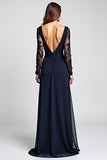A Line Navy V-Neck Appliqued Long Mother of the Bride Dress with Slit