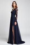 A Line Navy V-Neck Appliqued Long Mother of the Bride Dress with Slit