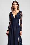 A Line Navy V-Neck Appliqued Long Mother of the Bride Dress with Slit