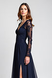 A Line Navy V-Neck Appliqued Long Mother of the Bride Dress with Slit