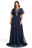 A Line Navy Keyhole Long Plus Size Mother of the Bride Dress with Beading