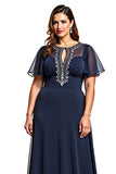 A Line Navy Keyhole Long Plus Size Mother of the Bride Dress with Beading