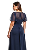 A Line Navy Keyhole Long Plus Size Mother of the Bride Dress with Beading