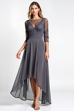 A Line Steel Grey High-Low Chiffon Mother of the Bride Dress with Lace