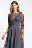 A Line Steel Grey High-Low Chiffon Mother of the Bride Dress with Lace