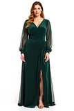 Pine A Line V-Neck Sheer Sleeves Plus Size Mother of the Bride Dress with Slit