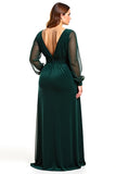 Pine A Line V-Neck Sheer Sleeves Plus Size Mother of the Bride Dress with Slit