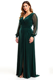 Pine A Line V-Neck Sheer Sleeves Plus Size Mother of the Bride Dress with Slit