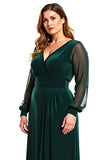 Pine A Line V-Neck Sheer Sleeves Plus Size Mother of the Bride Dress with Slit